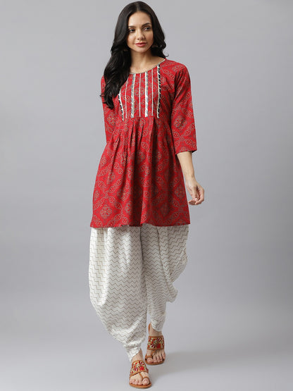 Bandhani Print Rayon Pleated Kurta Dhoti Pant Set