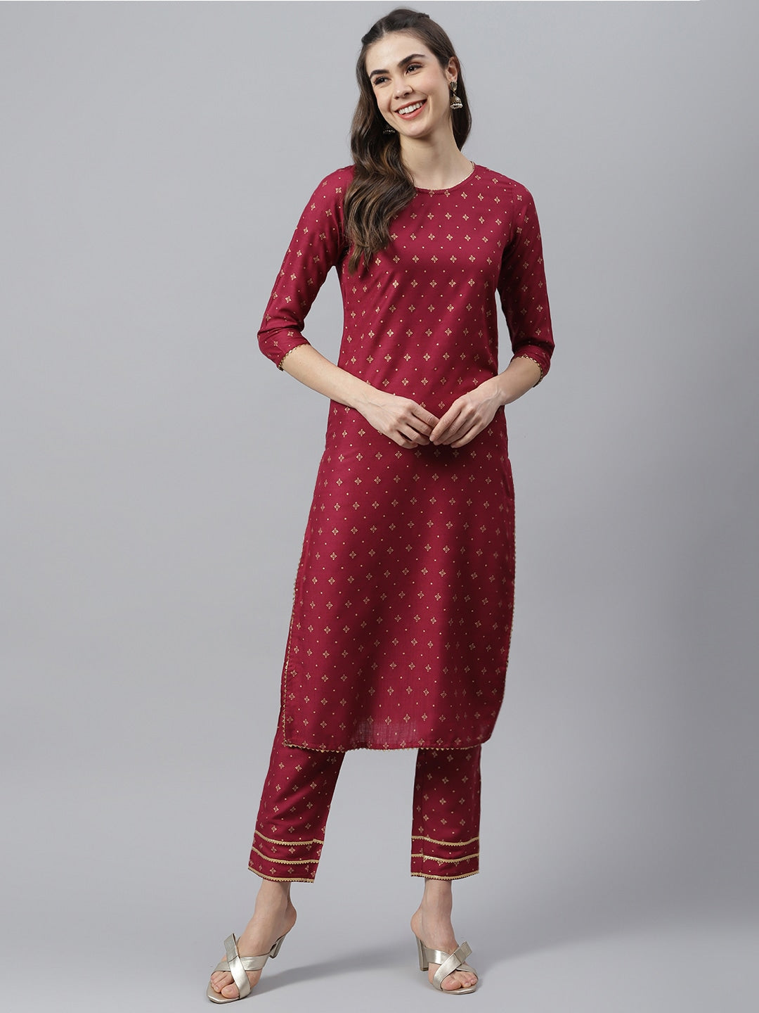Gold Printed Rayon Straight Kurta Pant Set
