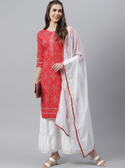 Bandhani Print Rayon Straight Kurta Sharara Dupatta Set