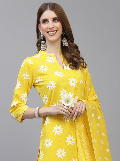 Printed Cotton Straight Kurta Pant Dupatta Set