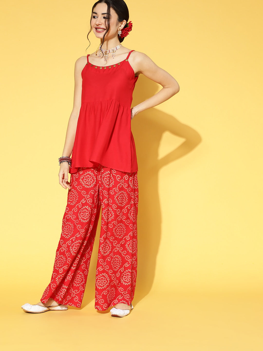 Women shrug with printed short top and palazzo