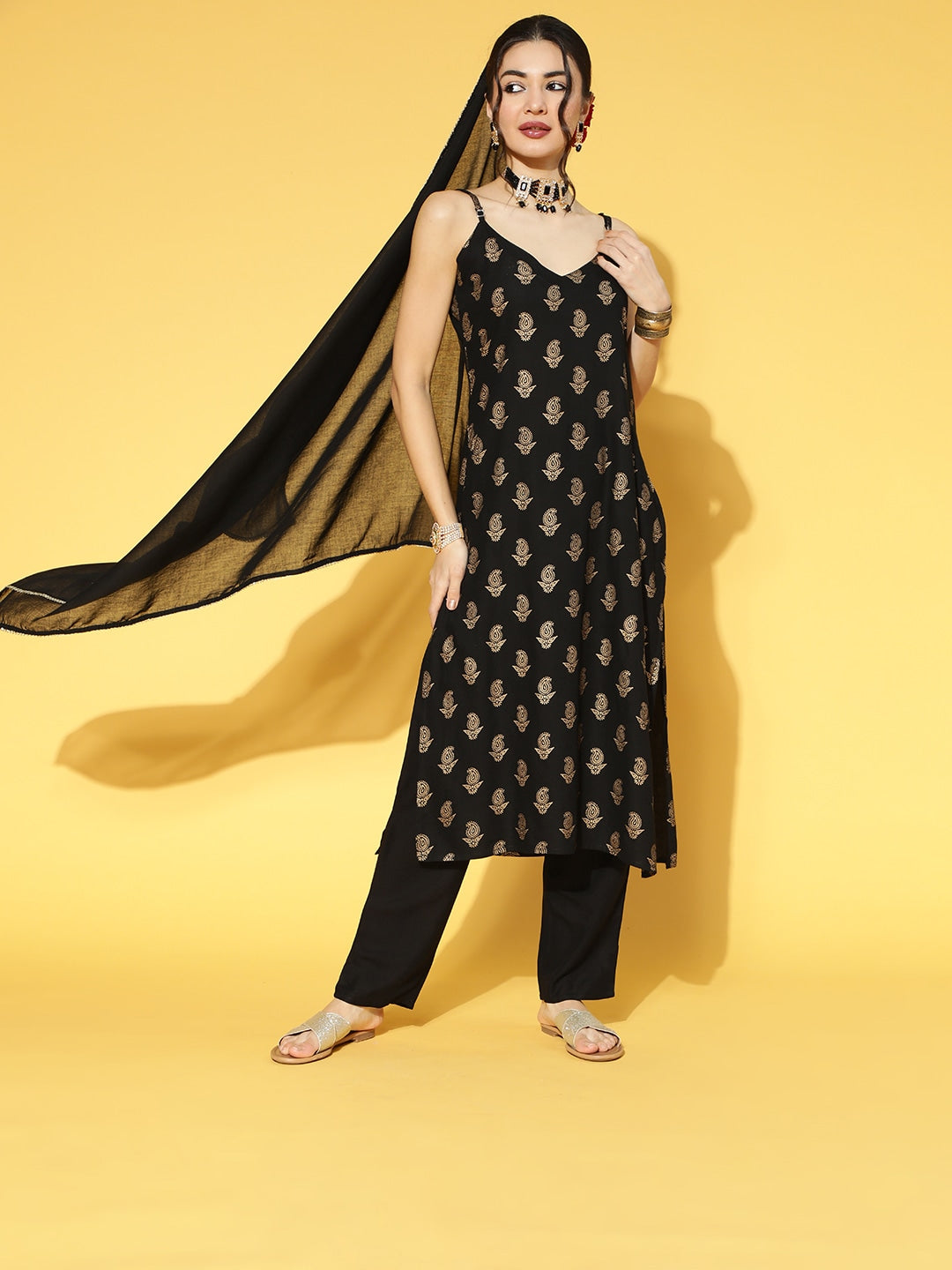 Women Gold Print Rayon Straight Kurta Pant Dupatta Set