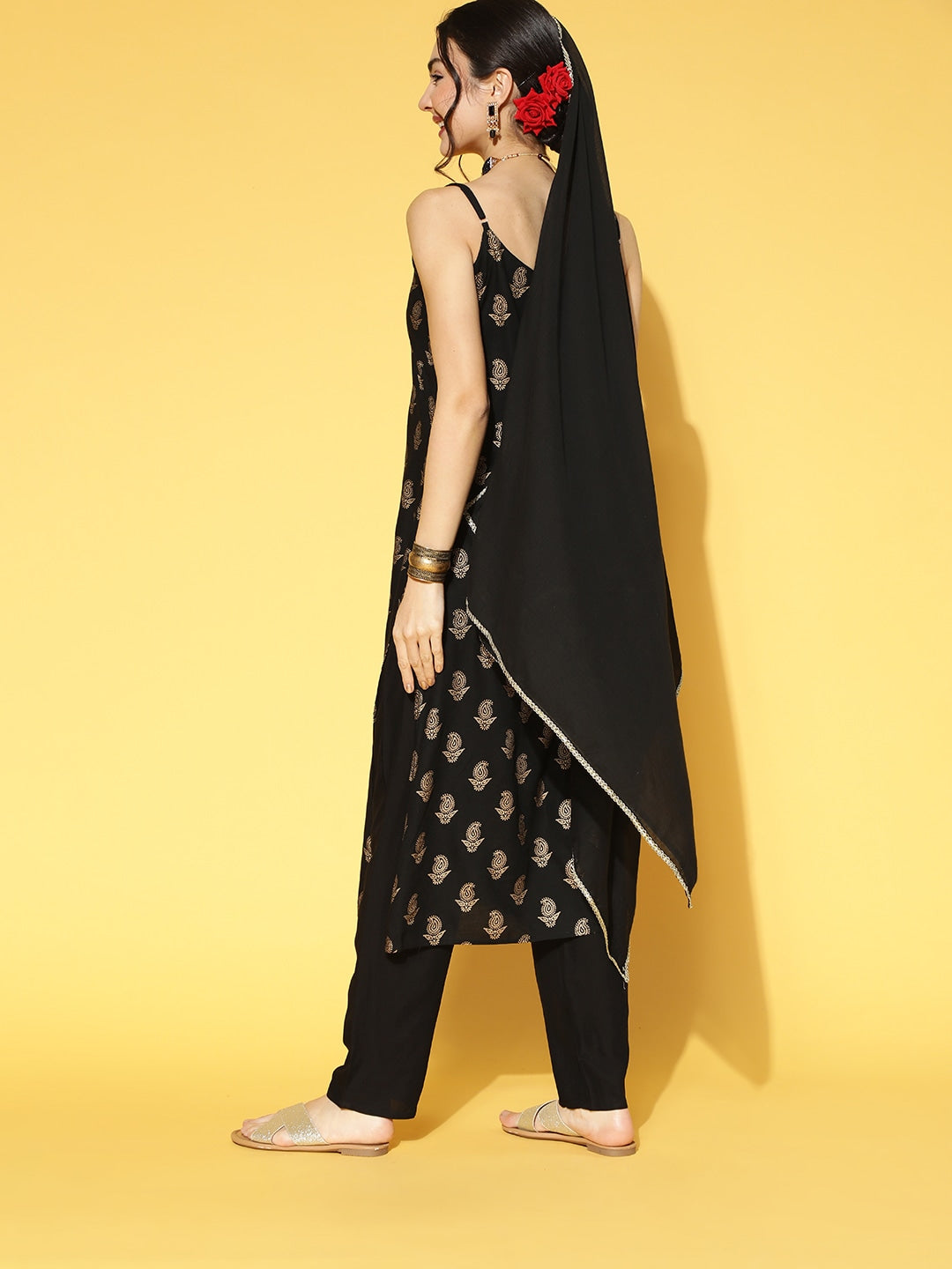 Women Gold Print Rayon Straight Kurta Pant Dupatta Set