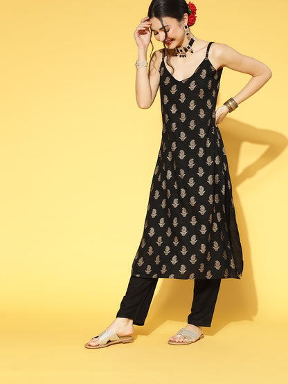 Women Gold Print Rayon Straight Kurta Pant Dupatta Set