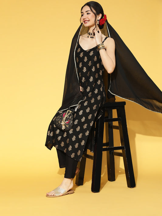 Women Gold Print Rayon Straight Kurta Pant Dupatta Set
