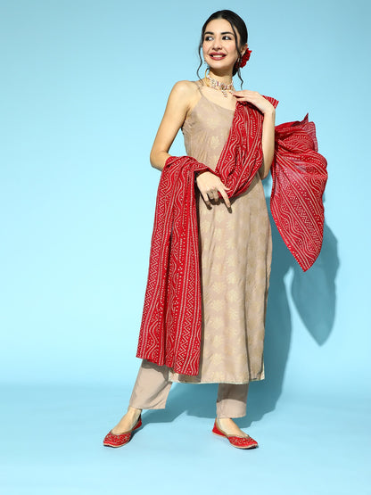 Women Gold Print Rayon Straight Kurta Pant Dupatta Set