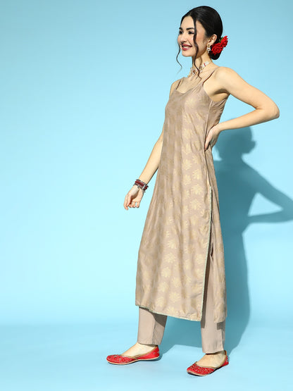 Women Gold Print Rayon Straight Kurta Pant Dupatta Set