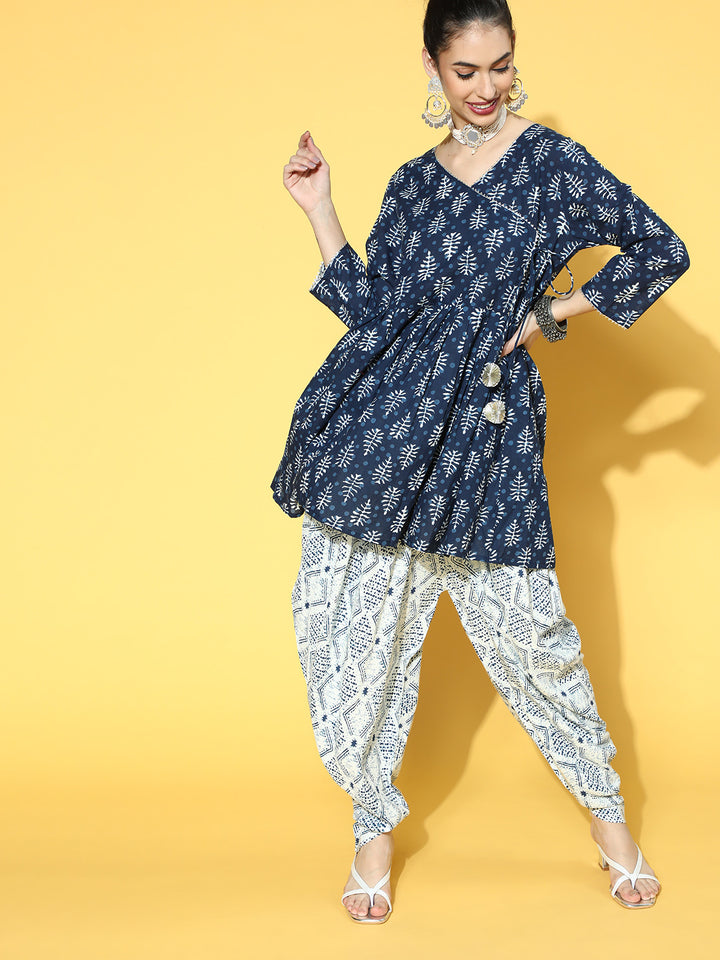 Indigo Printed Cotton Short Kurti with Dhoti Pant
