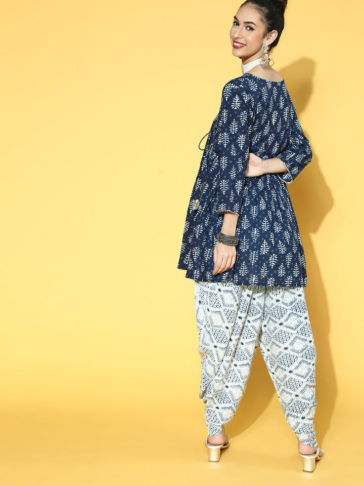 Indigo Printed Cotton Short Kurti with Dhoti Pant