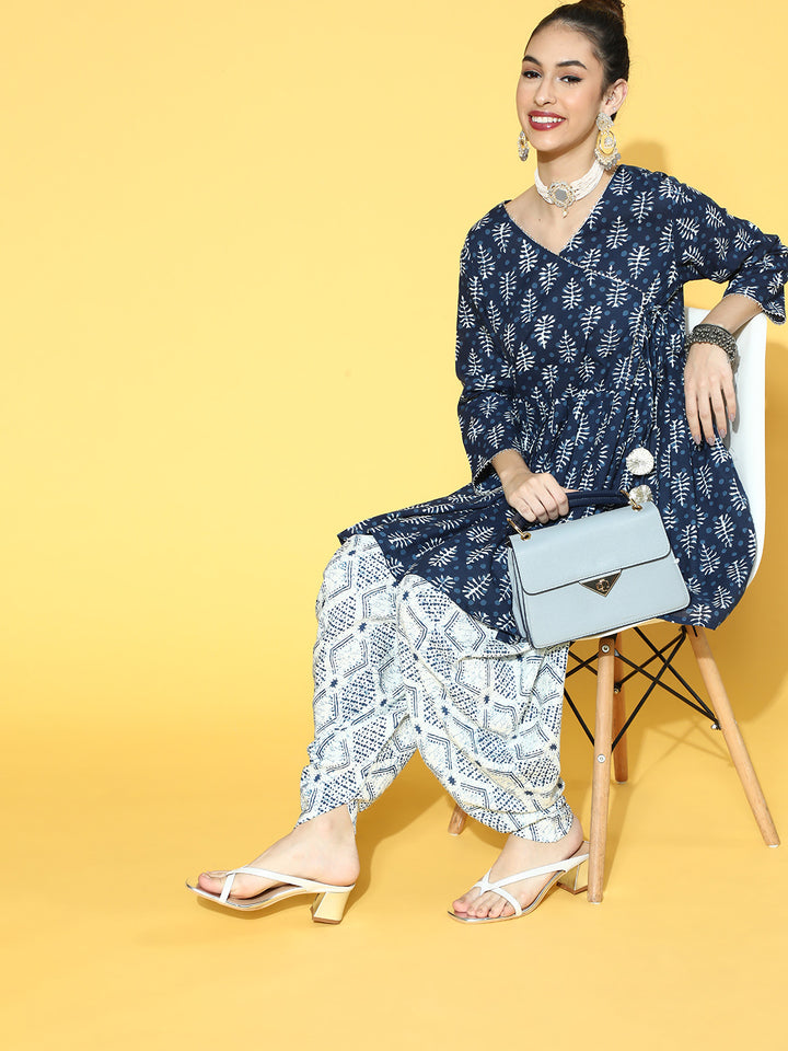 Indigo Printed Cotton Short Kurti with Dhoti Pant