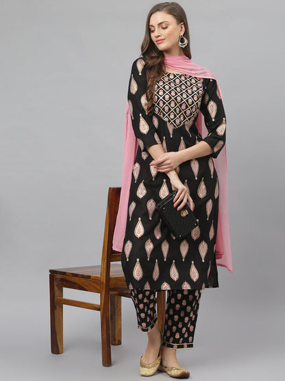 Women's Floral Print Rayon Straight Kurta Pant Dupatta Set