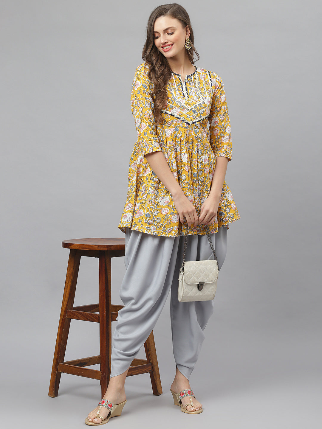Floral Printed Cotton Pleated Kurta Dhoti Pant Set