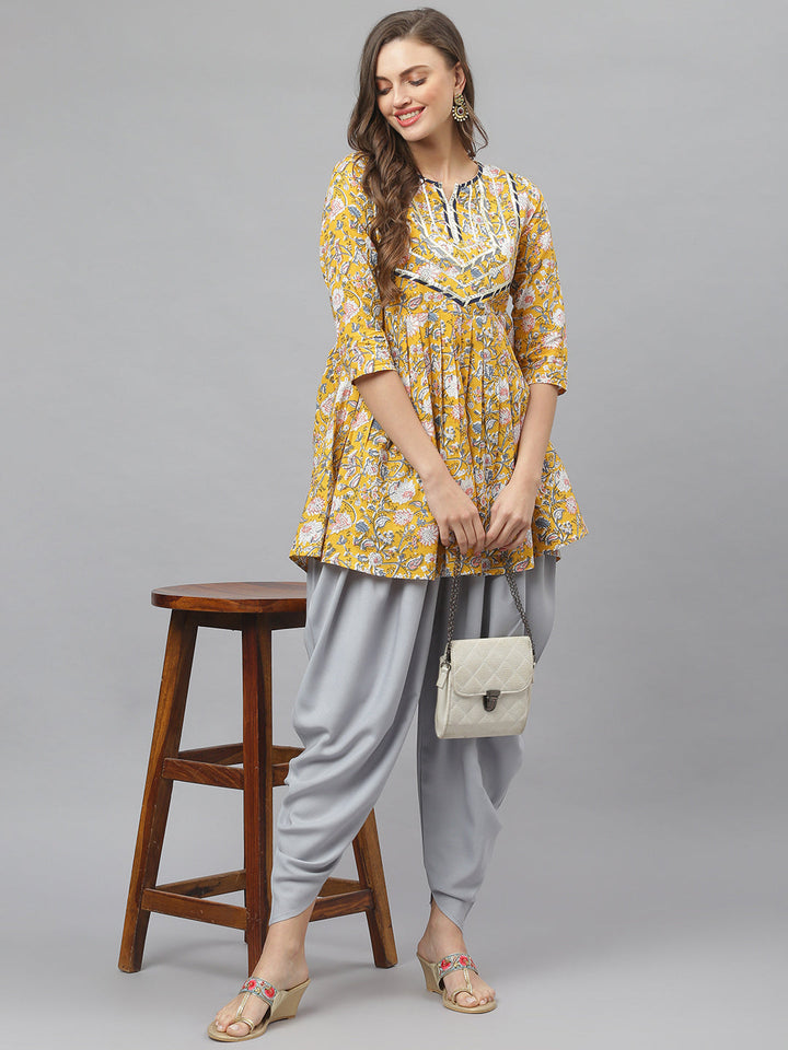 Floral Printed Cotton Pleated Kurta Dhoti Pant Set
