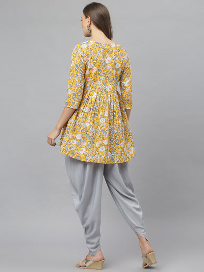 Floral Printed Cotton Pleated Kurta Dhoti Pant Set