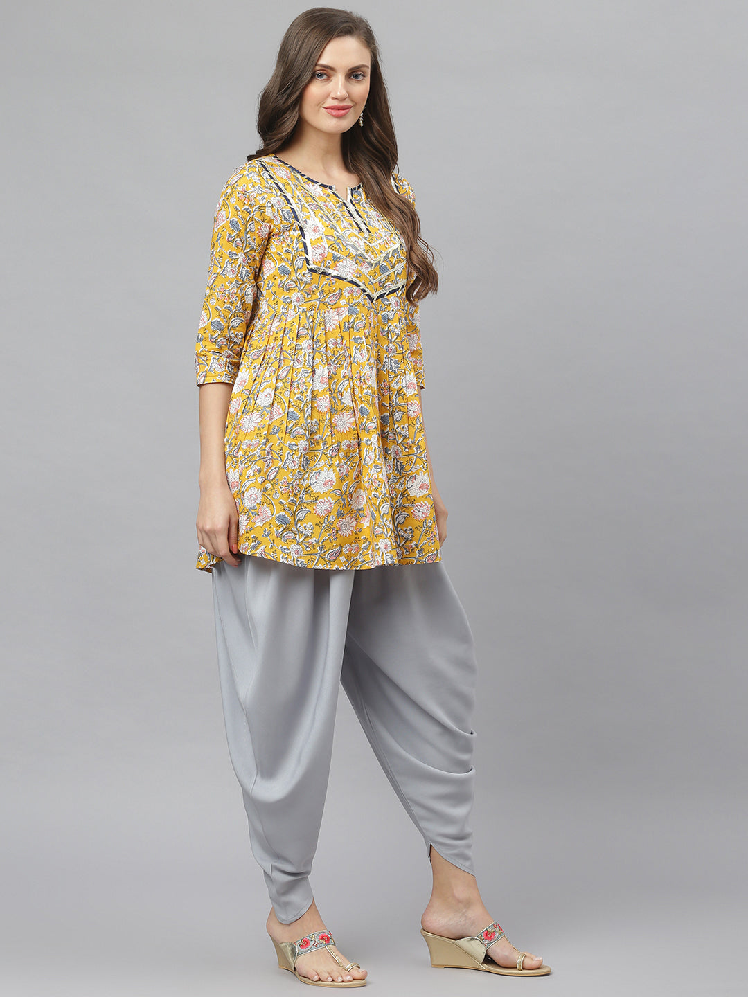 Floral Printed Cotton Pleated Kurta Dhoti Pant Set