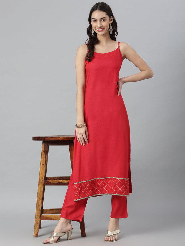 Solid Maroon Rayon Strap Kurta Pant Set