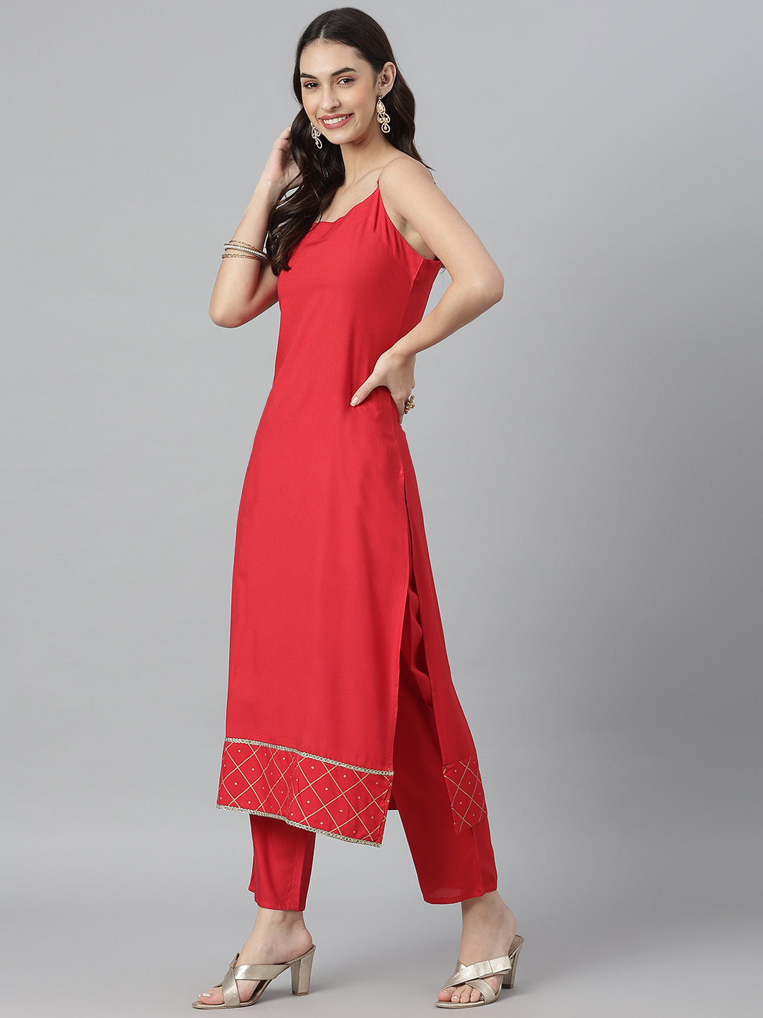 Solid Maroon Rayon Strap Kurta Pant Set