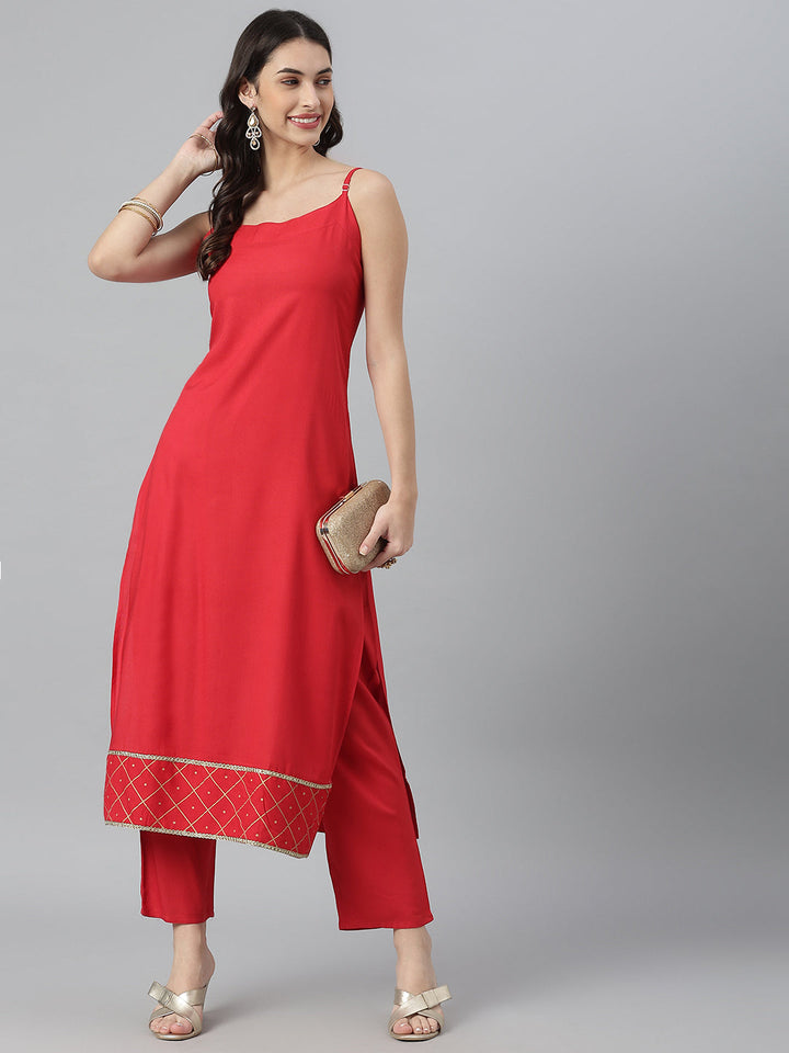 Solid Maroon Rayon Strap Kurta Pant Set