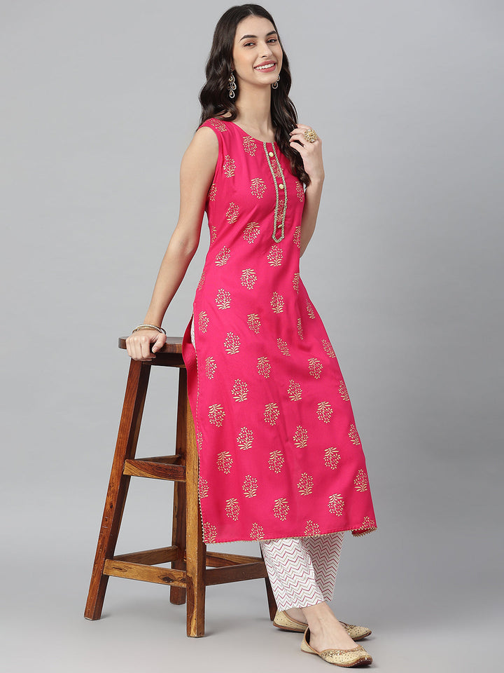 Ethnic Motif Printed Rayon Sleeveless Kurta Pant Set