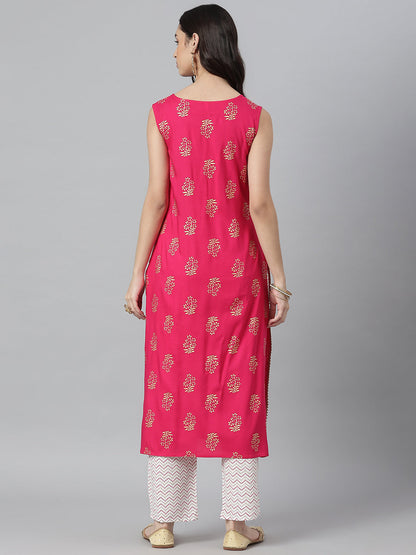 Ethnic Motif Printed Rayon Sleeveless Kurta Pant Set
