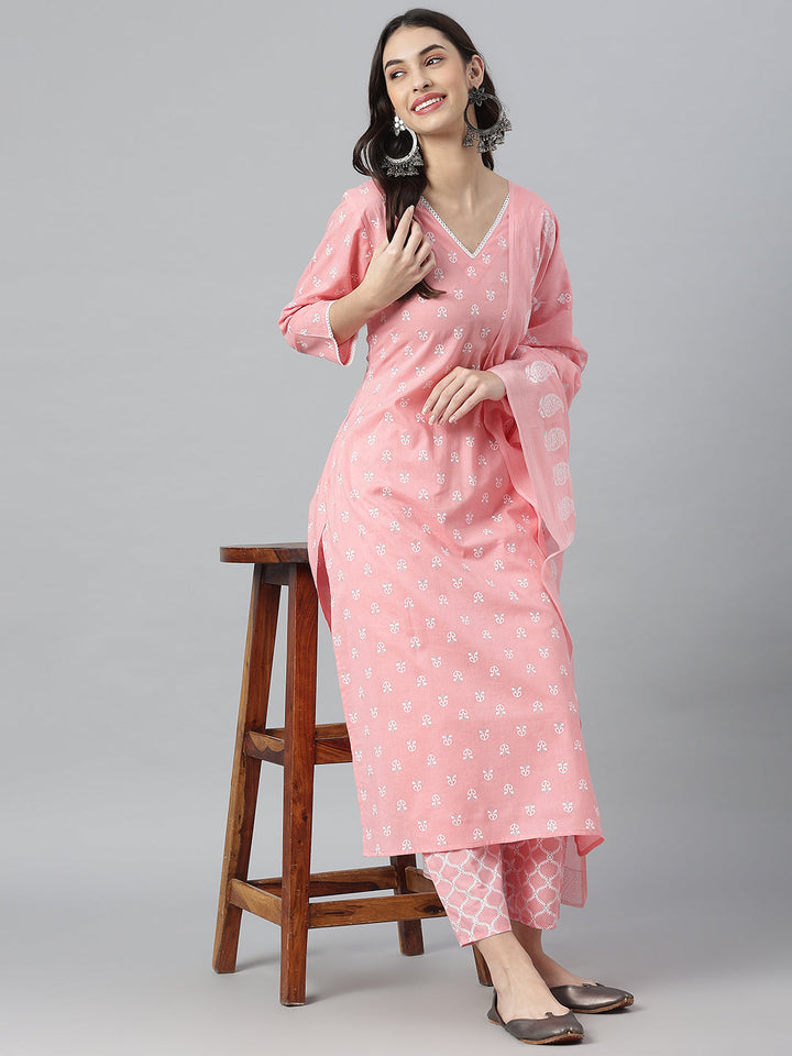 Ethnic Motif Printed Cotton Straight Kurta Pant Dupatta Set