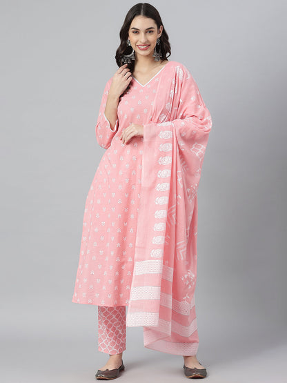 Ethnic Motif Printed Cotton Straight Kurta Pant Dupatta Set