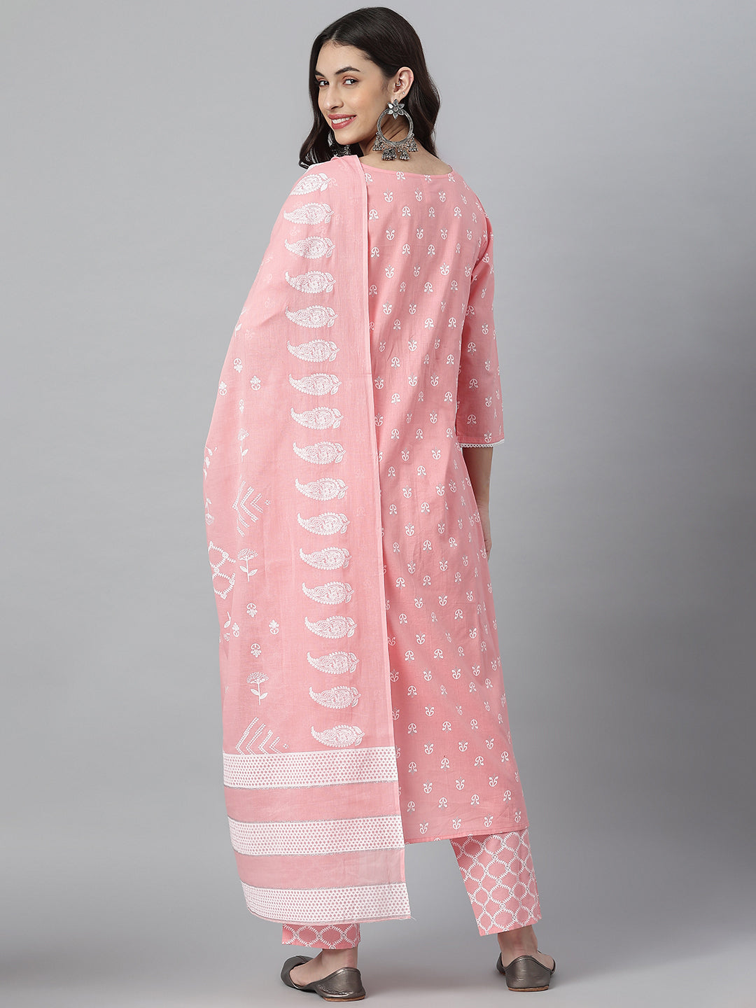 Ethnic Motif Printed Cotton Straight Kurta Pant Dupatta Set