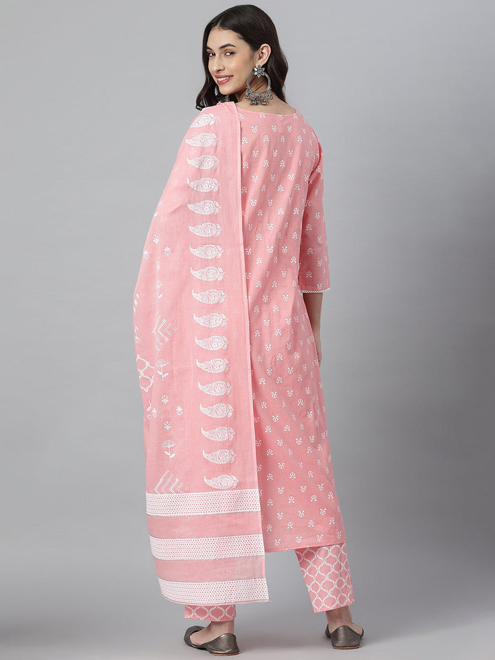 Ethnic Motif Printed Cotton Straight Kurta Pant Dupatta Set