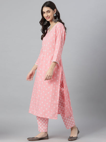 Ethnic Motif Printed Cotton Straight Kurta Pant Dupatta Set