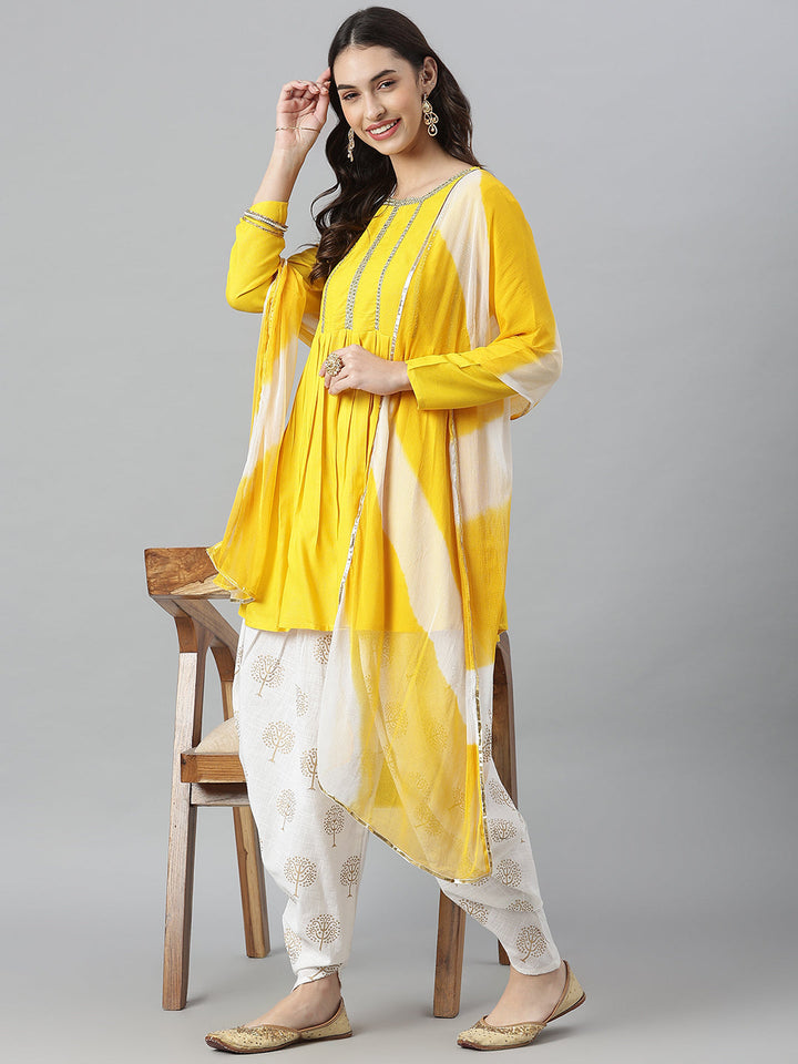Embellished Rayon A-Line Kurta with Dhoti Pant &amp; Dupatta