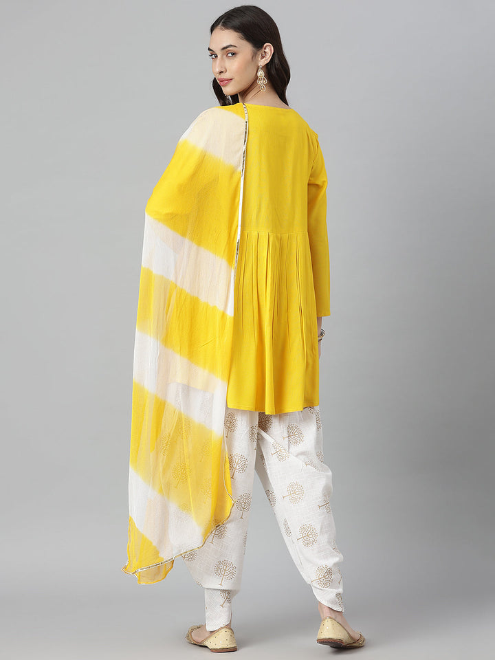 Embellished Rayon A-Line Kurta with Dhoti Pant &amp; Dupatta