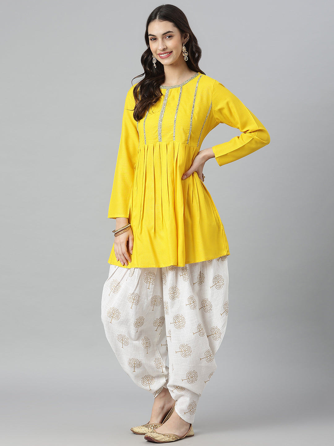 Embellished Rayon A-Line Kurta with Dhoti Pant &amp; Dupatta