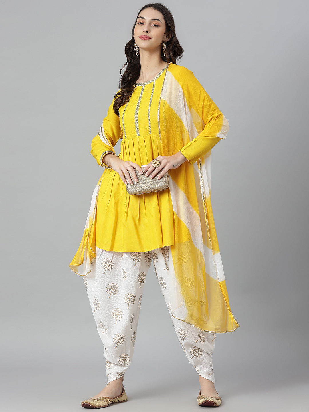 Embellished Rayon A-Line Kurta with Dhoti Pant &amp; Dupatta