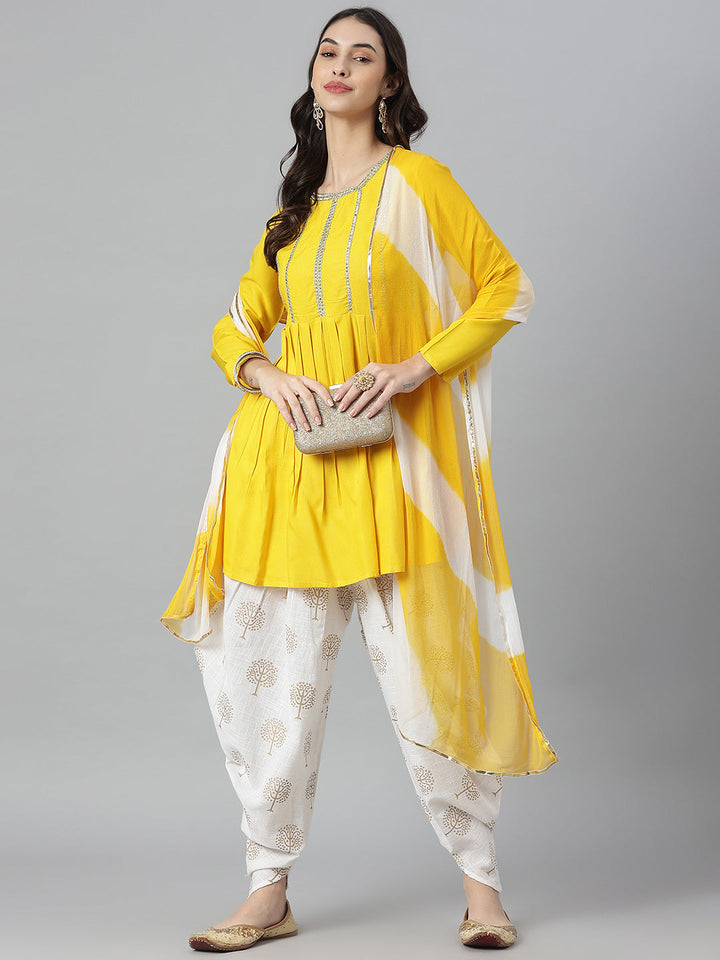 Embellished Rayon A-Line Kurta with Dhoti Pant &amp; Dupatta