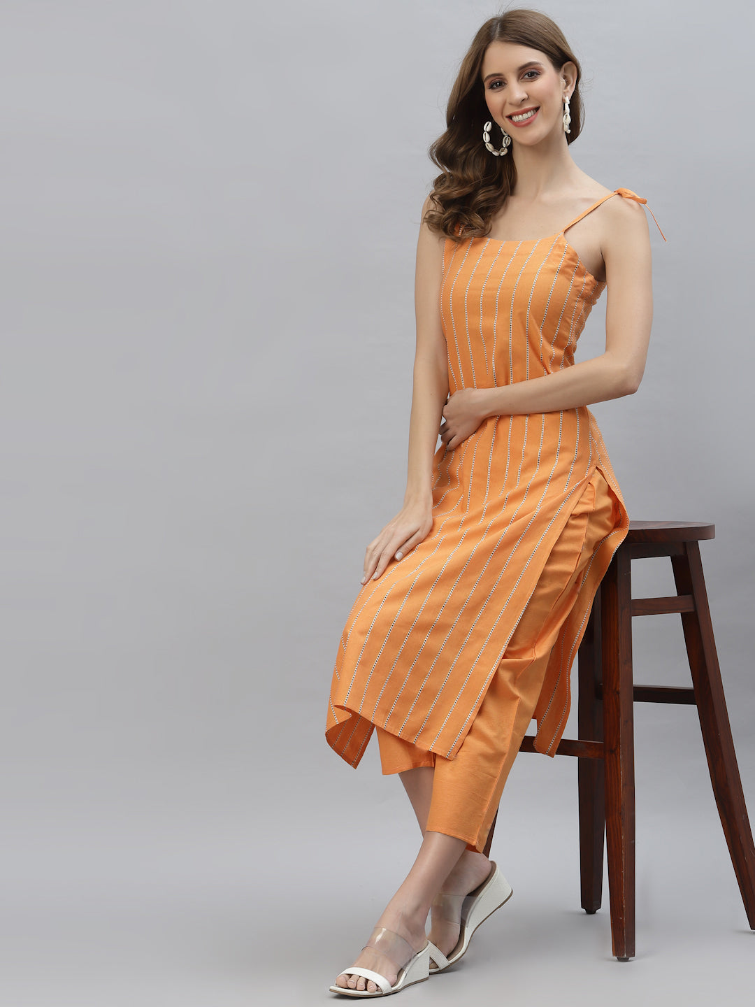 Striped Cotton Blend Straight Kurta Pant Set