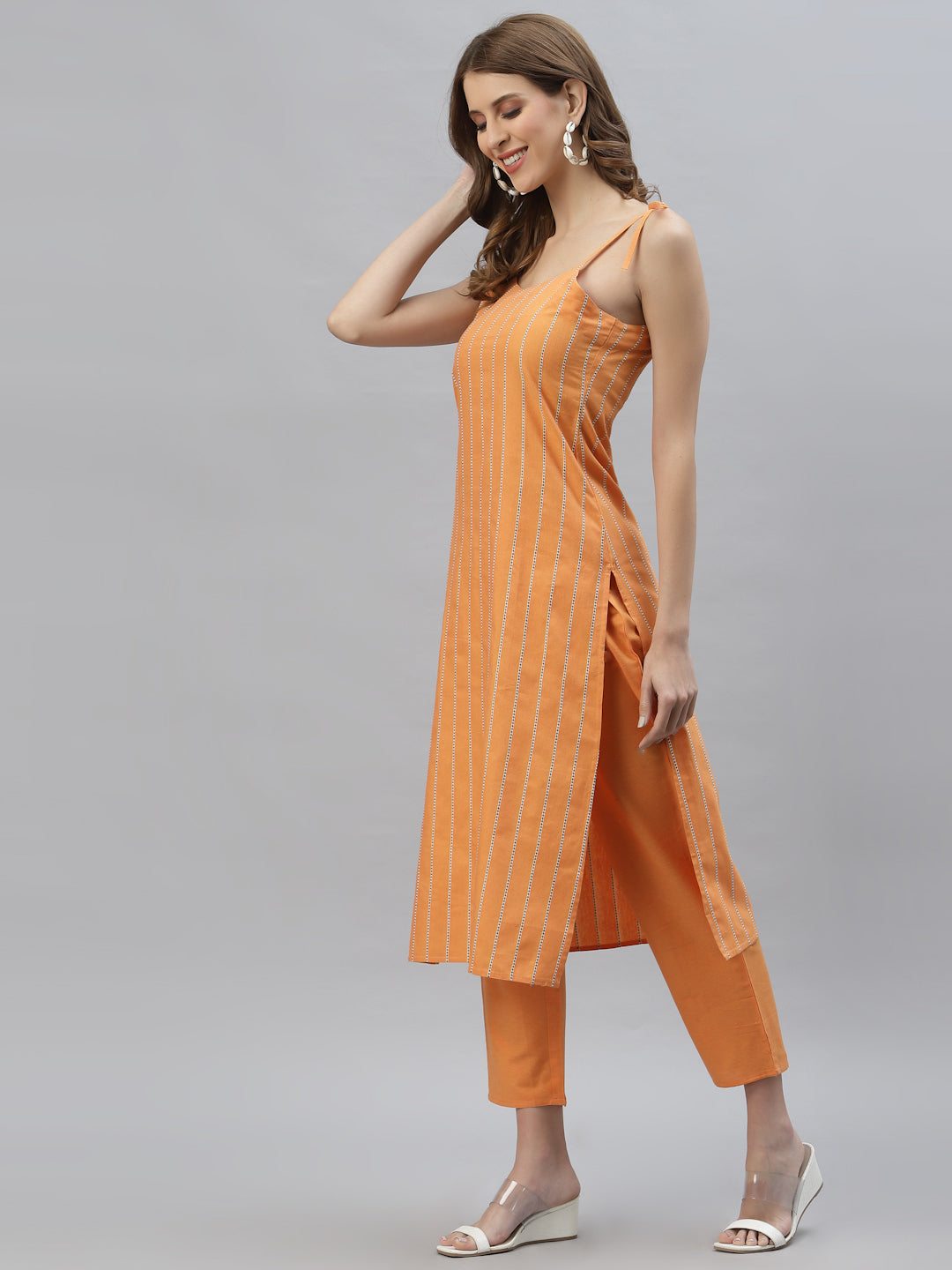 Striped Cotton Blend Straight Kurta Pant Set
