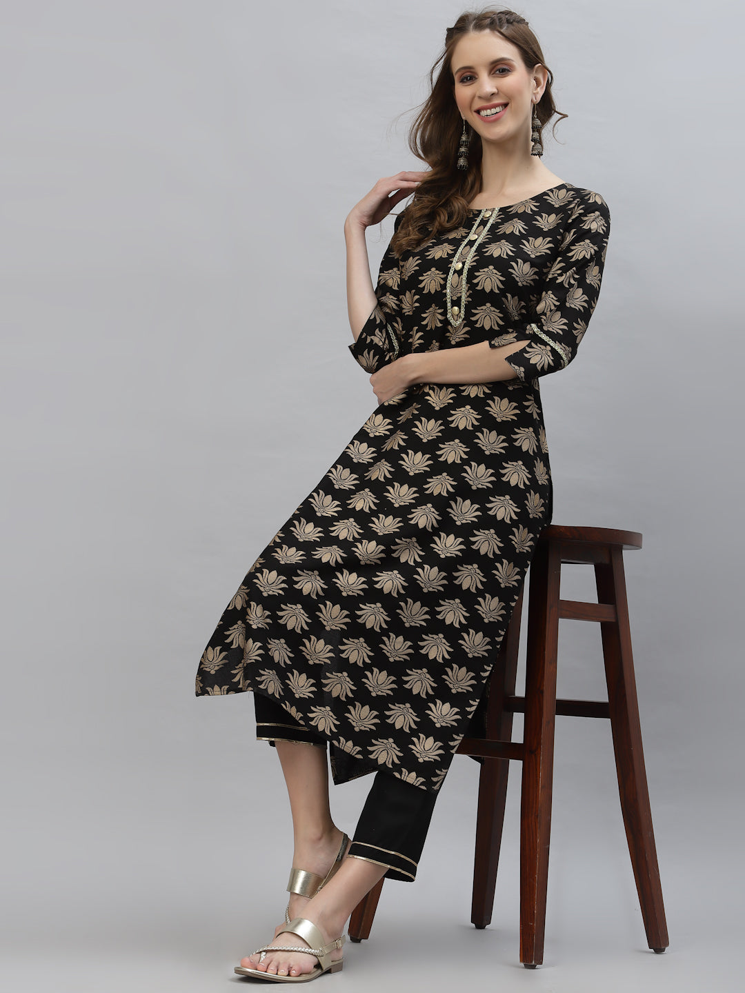 Gold Printed Rayon Straight Kurta Pant Set
