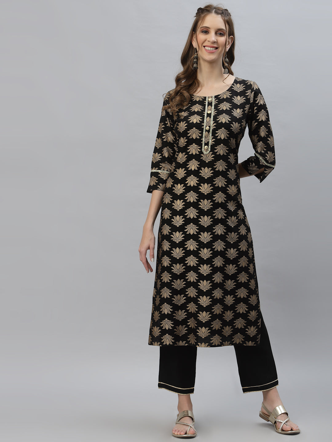 Gold Printed Rayon Straight Kurta Pant Set