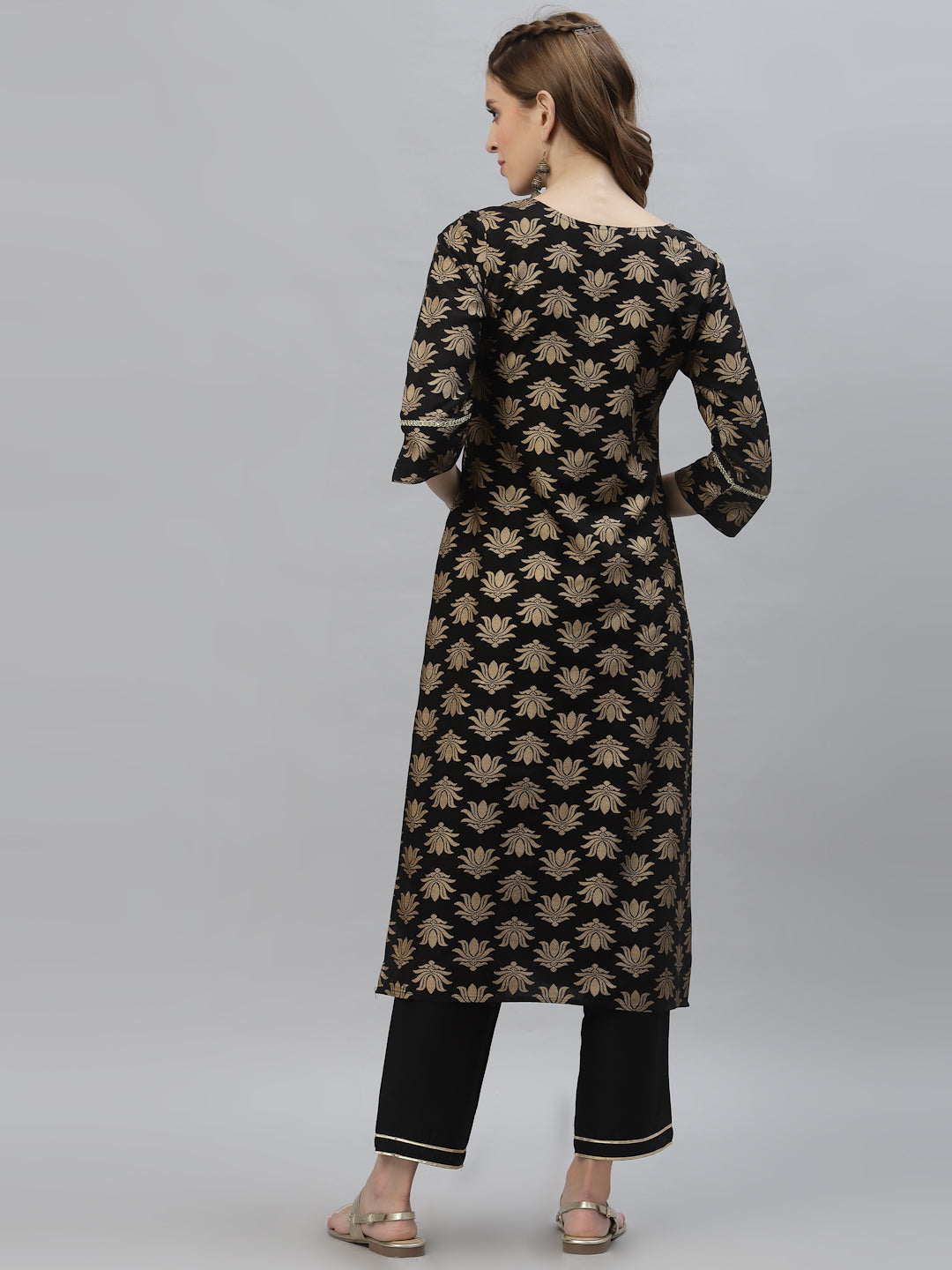 Gold Printed Rayon Straight Kurta Pant Set