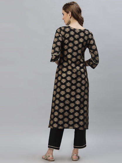 Gold Printed Rayon Straight Kurta Pant Set