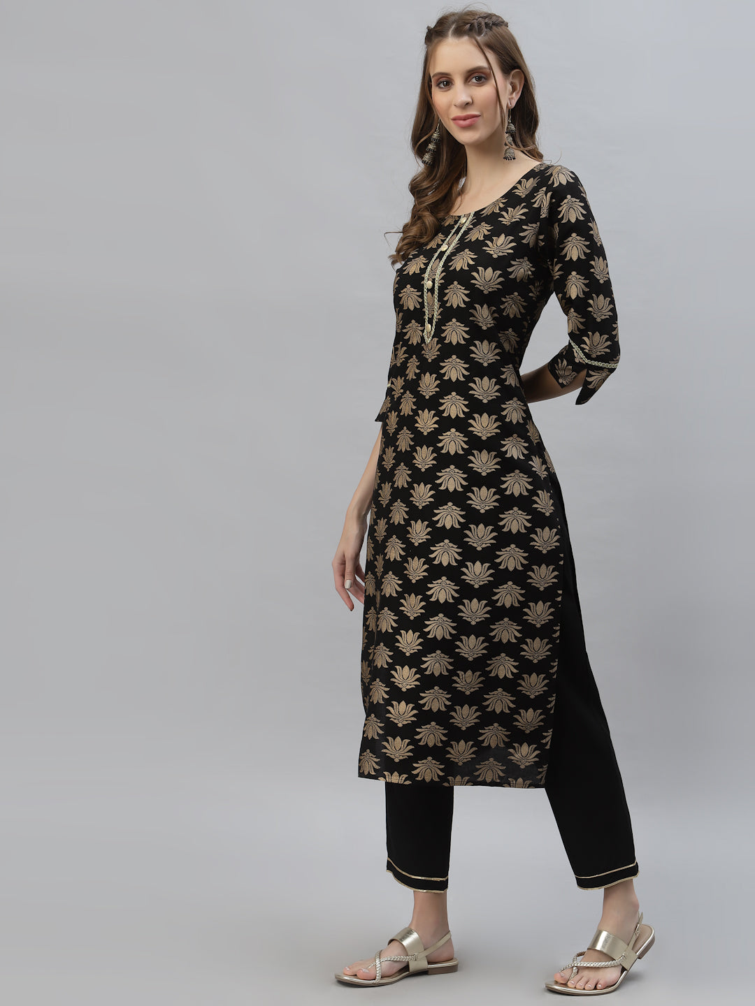 Gold Printed Rayon Straight Kurta Pant Set