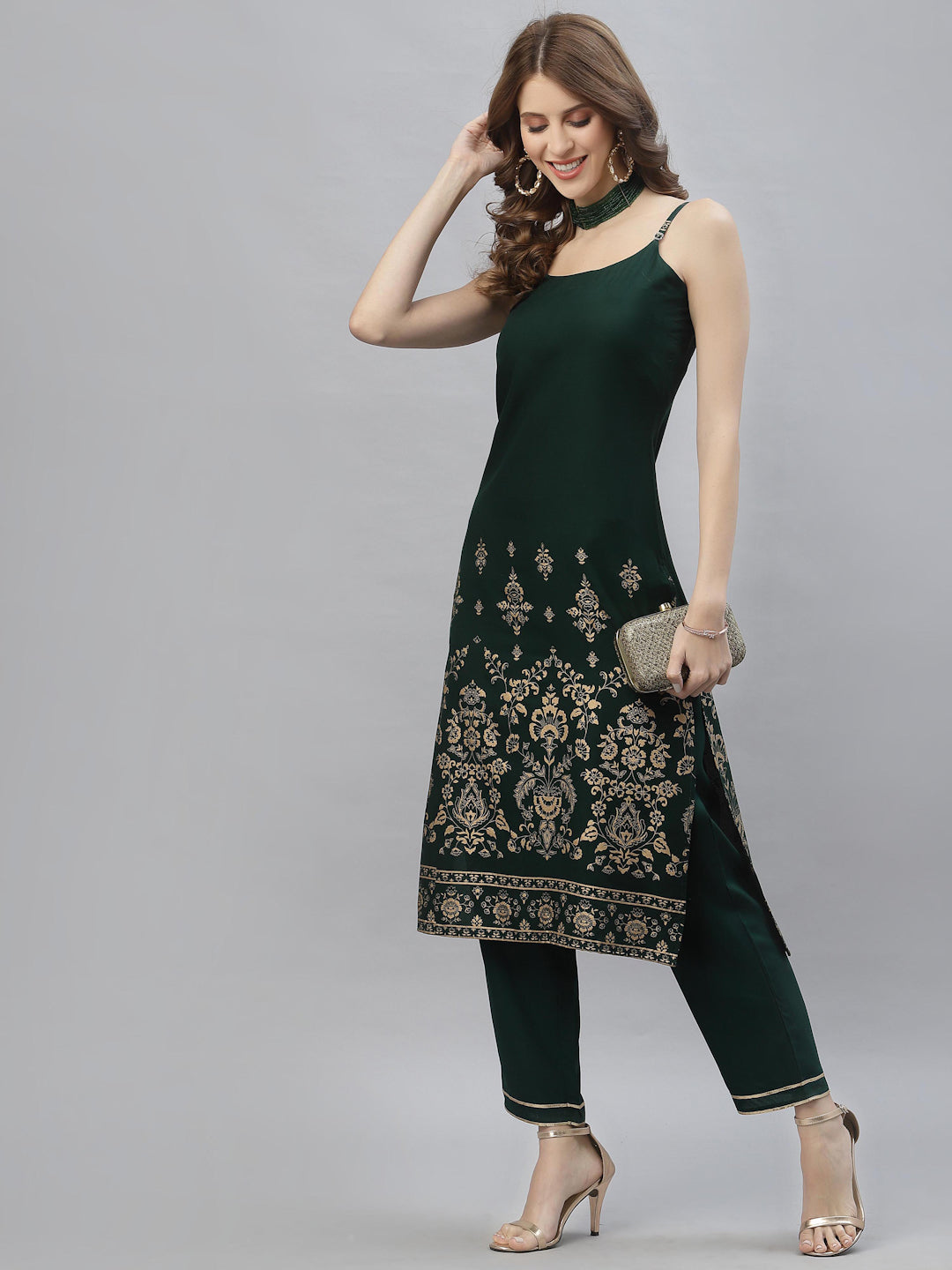 Gold Printed Rayon Straight Kurta Pant Set