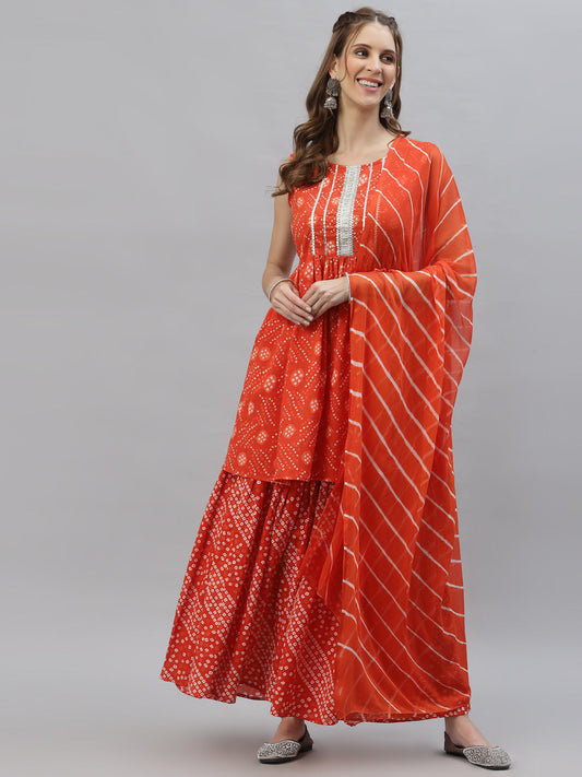 Bandhej printed Cotton Flared short Kurta Sharara Dupatta Set