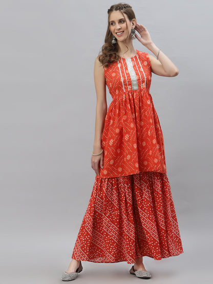 Bandhej printed Cotton Flared short Kurta Sharara Dupatta Set