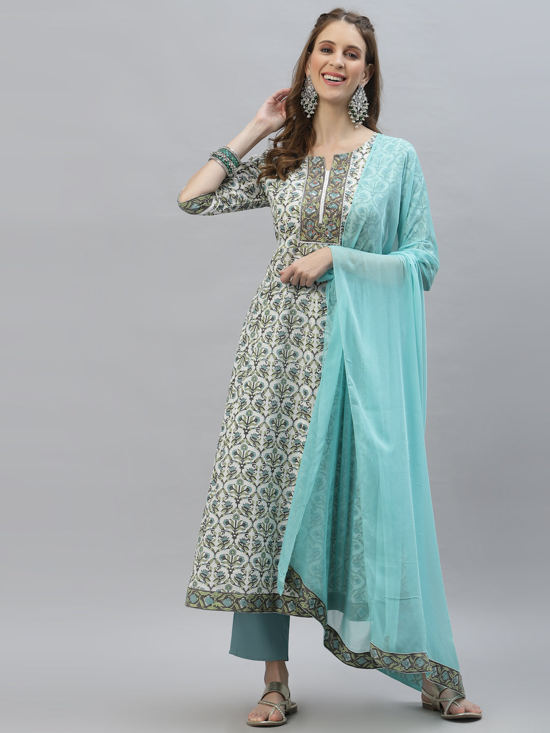 Floral Printed Cotton AnarKali Kurta Pant Dupatta Set