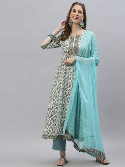Floral Printed Cotton AnarKali Kurta Pant Dupatta Set