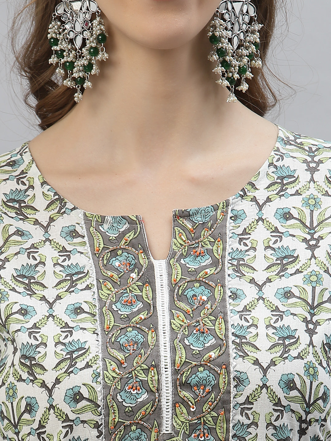 Floral Printed Cotton AnarKali Kurta Pant Dupatta Set