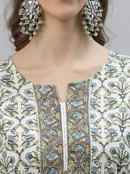 Floral Printed Cotton AnarKali Kurta Pant Dupatta Set