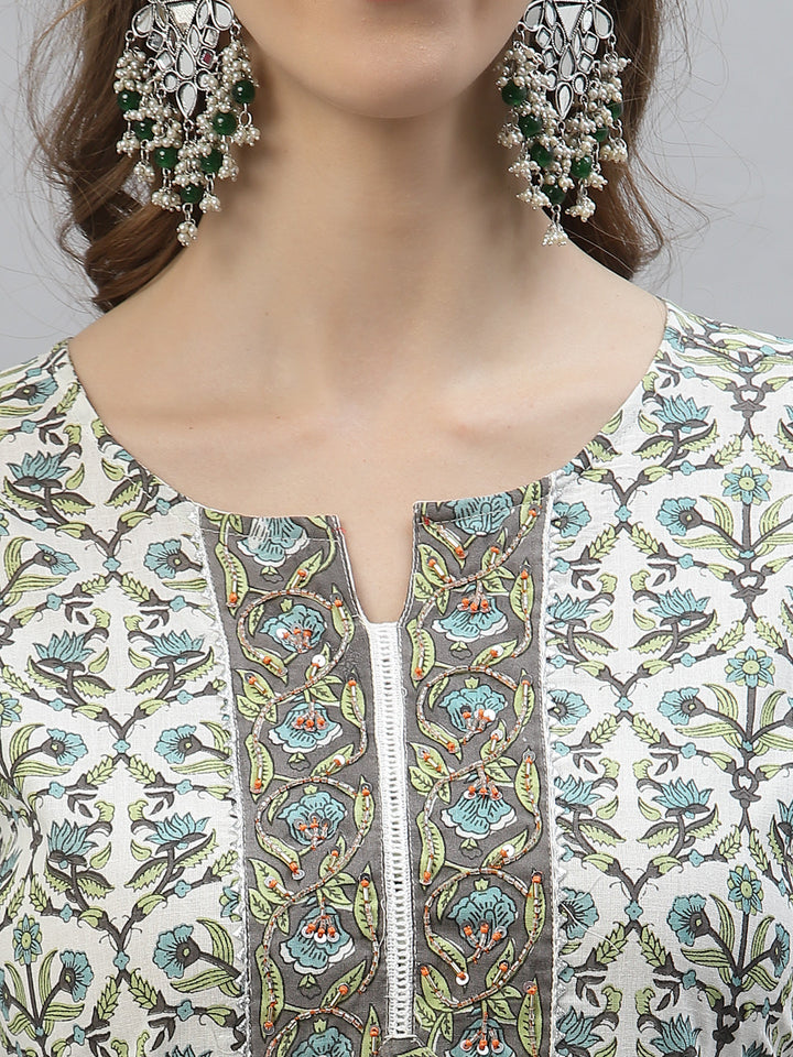 Floral Printed Cotton AnarKali Kurta Pant Dupatta Set