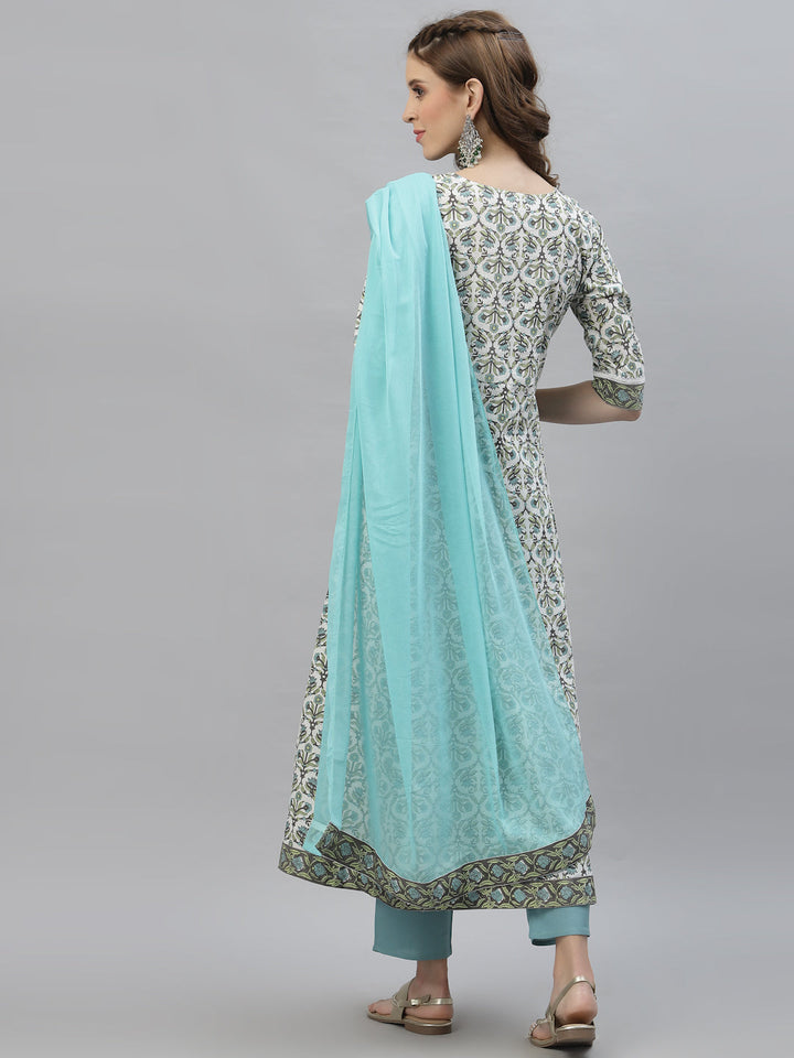 Floral Printed Cotton AnarKali Kurta Pant Dupatta Set